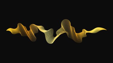Karanlık arka planda lüks altın dalgaları olan soyut bir fon. Modern teknoloji arka planı, dalga tasarımı. Vektör illüstrasyonu