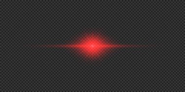 Lens fişeklerinin ışık etkisi. Gri şeffaf arkaplanda parıldayan kırmızı yatay ışık patlaması efekti. Vektör illüstrasyonu