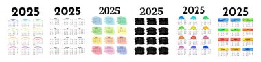 2025 için altı takvim seti beyaz arka planda izole edildi. Pazardan pazartesiye, iş planı. Vektör illüstrasyonu