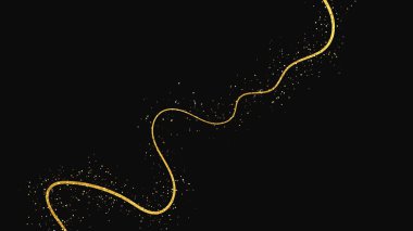 Altın parıldayan konfeti dalgası ve yıldız tozu. Koyu arkaplanda altın sihirli parıltılarla arka plan. Vektör illüstrasyonu