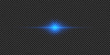 Lens fişeklerinin ışık etkisi. Gri şeffaf arkaplanda parıldayan mavi yatay ışık patlaması efekti. Vektör illüstrasyonu