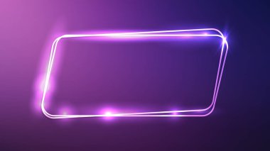 Neon çift yuvarlak paralelkenarlı çerçeve, mor arka planda parlak efektlerle. Boş parlayan tekno fon. Vektör illüstrasyonu