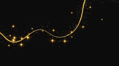 Altın parıldayan konfeti dalgası ve yıldız tozu. Koyu arkaplanda altın sihirli parıltılarla arka plan. Vektör illüstrasyonu