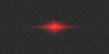 Lens fişeklerinin ışık etkisi. Gri şeffaf arkaplanda parıldayan kırmızı yatay ışık patlaması efekti. Vektör illüstrasyonu