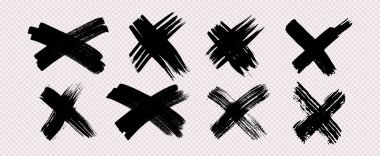 Hand drawn brush cross symbol. Set of black sketch cross symbols on transparent background. Vector illustration