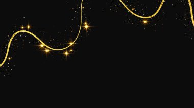Altın parıldayan konfeti dalgası ve yıldız tozu. Koyu arkaplanda altın sihirli parıltılarla arka plan. Vektör illüstrasyonu