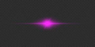 Lens fişeklerinin ışık etkisi. Mor yatay parlak ışık patlaması efekti. Gri şeffaf arkaplanda parıltılar var. Vektör illüstrasyonu
