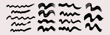 Siyah dalgalı grunge fırça darbeleri. Boyalı mürekkep çizgileri. Mürekkep lekesi şeffaf arkaplanda izole edilmiş. Vektör illüstrasyonu