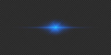 Lens fişeklerinin ışık etkisi. Gri şeffaf arkaplanda parıldayan mavi yatay ışık patlaması efekti. Vektör illüstrasyonu
