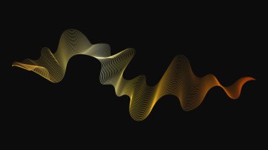 Karanlık arka planda lüks altın dalgaları olan soyut bir fon. Modern teknoloji arka planı, dalga tasarımı. Vektör illüstrasyonu