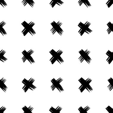 Elle çizilmiş çapraz sembollü kusursuz desen. Beyaz arka planda siyah çizim işareti. Vektör illüstrasyonu