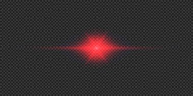 Lens fişeklerinin ışık etkisi. Gri şeffaf arkaplanda parıldayan kırmızı yatay ışık patlaması efekti. Vektör illüstrasyonu