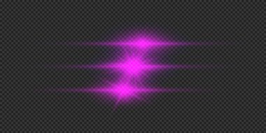 Lens fişeklerinin ışık etkisi. Gri şeffaf arkaplanda parıldayan üç mor yatay ışık patlaması efekti. Vektör illüstrasyonu