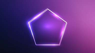 Pentagon formunda neon çift çerçeve ve mor arka planda parlak efektler. Boş parlayan tekno fon. Vektör illüstrasyonu