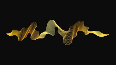 Karanlık arka planda lüks altın dalgaları olan soyut bir fon. Modern teknoloji arka planı, dalga tasarımı. Vektör illüstrasyonu