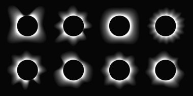 Çemberin büyük bir kümesi gradyanı ile çerçeveleri aydınlatır. Siyah arkaplanda sekiz tane beyaz neon pankart var. Vektör illüstrasyonu