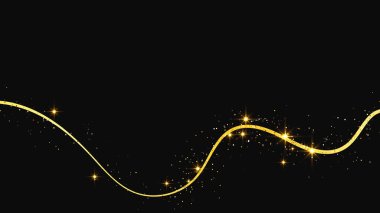 Altın parıldayan konfeti dalgası ve yıldız tozu. Koyu arkaplanda altın sihirli parıltılarla arka plan. Vektör illüstrasyonu