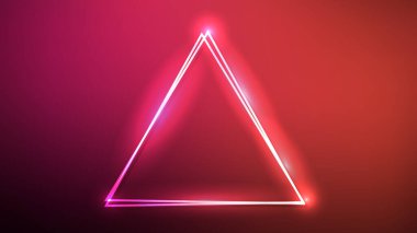 Kırmızı arka planda parlak efektleri olan neon çift üçgen çerçeve. Boş parlayan tekno fon. Vektör illüstrasyonu