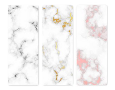 Mermer desenli arka planlar. Üç farklı soyut mermer granit taş seti. Vektör illüstrasyonu