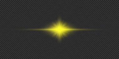 Lens fişeklerinin ışık etkisi. Gri şeffaf arkaplanda parıldayan sarı yatay ışık patlaması etkisi. Vektör illüstrasyonu