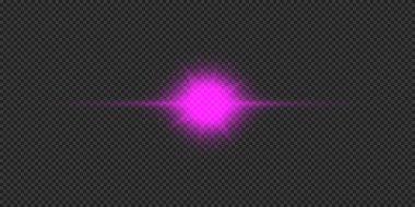 Lens fişeklerinin ışık etkisi. Mor yatay parlak ışık patlaması efekti. Gri şeffaf arkaplanda parıltılar var. Vektör illüstrasyonu