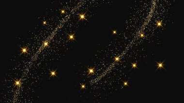 Altın parıldayan konfeti dalgası ve yıldız tozu. Koyu arkaplanda altın sihirli parıltılarla arka plan. Vektör illüstrasyonu