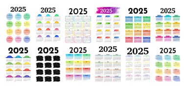 2025 yılı için büyük bir takvim seti beyaz arka planda izole edildi. Pazardan pazartesiye, iş planı. Vektör illüstrasyonu