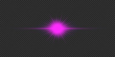 Lens fişeklerinin ışık etkisi. Mor yatay parlak ışık patlaması efekti. Gri şeffaf arkaplanda parıltılar var. Vektör illüstrasyonu