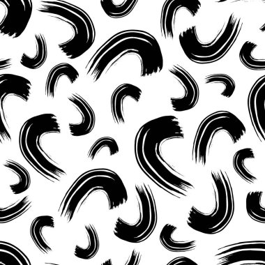 Seamless pattern with black wavy grunge brush strokes in abstract shapes on white background. Vector illustration