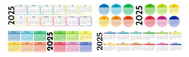 2025 için dört yatay takvim seti beyaz arka planda izole edildi. Pazardan pazartesiye, iş planı. Vektör illüstrasyonu