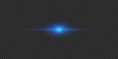 Lens fişeklerinin ışık etkisi. Gri şeffaf arkaplanda parıldayan mavi yatay ışık patlaması efekti. Vektör illüstrasyonu