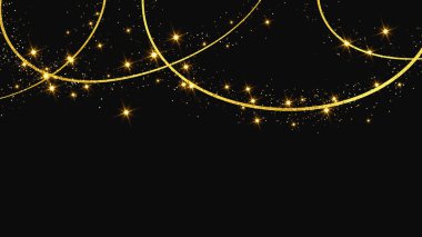 Altın parıldayan konfeti dalgası ve yıldız tozu. Koyu arkaplanda altın sihirli parıltılarla arka plan. Vektör illüstrasyonu