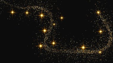 Altın parıldayan konfeti dalgası ve yıldız tozu. Koyu arkaplanda altın sihirli parıltılarla arka plan. Vektör illüstrasyonu