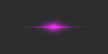 Lens fişeklerinin ışık etkisi. Mor yatay parlak ışık patlaması efekti. Gri şeffaf arkaplanda parıltılar var. Vektör illüstrasyonu