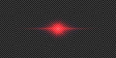Lens fişeklerinin ışık etkisi. Gri şeffaf arkaplanda parıldayan kırmızı yatay ışık patlaması efekti. Vektör illüstrasyonu