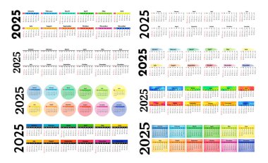 2025 için sekiz yatay takvim seti beyaz arka planda izole edildi. Pazardan pazartesiye, iş planı. Vektör illüstrasyonu