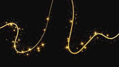 Altın parıldayan konfeti dalgası ve yıldız tozu. Koyu arkaplanda altın sihirli parıltılarla arka plan. Vektör illüstrasyonu