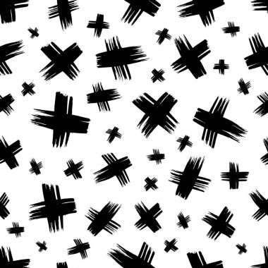 Elle çizilmiş çapraz sembollü kusursuz desen. Beyaz arka planda siyah çizim işareti. Vektör illüstrasyonu