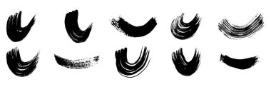 Black grunge semicircular brush strokes. Set of painted wavy ink stripes. Ink spot isolated on white background. Vector illustration