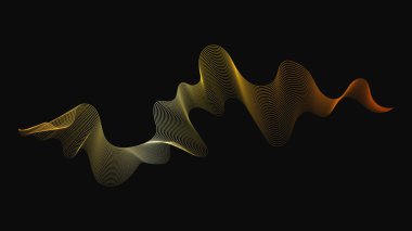 Karanlık arka planda lüks altın dalgaları olan soyut bir fon. Modern teknoloji arka planı, dalga tasarımı. Vektör illüstrasyonu