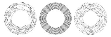 Soyut siyah yarım ton noktalı arkaplan. Daire şeklinde üç şablon. Yarım ton noktalarını çember yapın. Vektör illüstrasyonu