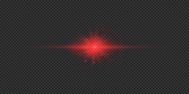 Lens fişeklerinin ışık etkisi. Gri şeffaf arkaplanda parıldayan kırmızı yatay ışık patlaması efekti. Vektör illüstrasyonu