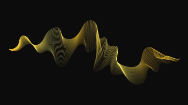 Karanlık arka planda lüks altın dalgaları olan soyut bir fon. Modern teknoloji arka planı, dalga tasarımı. Vektör illüstrasyonu