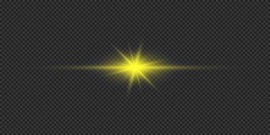 Lens fişeklerinin ışık etkisi. Gri şeffaf arkaplanda parıldayan sarı yatay ışık patlaması etkisi. Vektör illüstrasyonu
