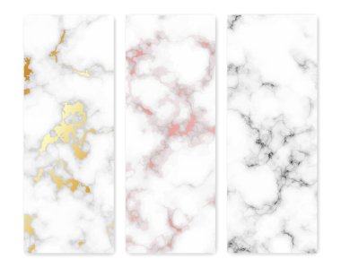 Mermer desenli arka planlar. Üç farklı soyut mermer granit taş seti. Vektör illüstrasyonu