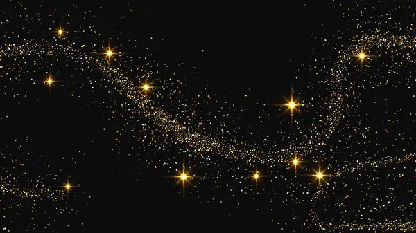 Altın parıldayan konfeti dalgası ve yıldız tozu. Koyu arkaplanda altın sihirli parıltılarla arka plan. Vektör illüstrasyonu