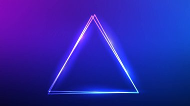 Mavi arka planda parlak efektleri olan neon çift üçgen çerçeve. Boş parlayan tekno fon. Vektör illüstrasyonu