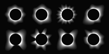 Çemberin büyük bir kümesi gradyanı ile çerçeveleri aydınlatır. Siyah arkaplanda sekiz tane beyaz neon pankart var. Vektör illüstrasyonu