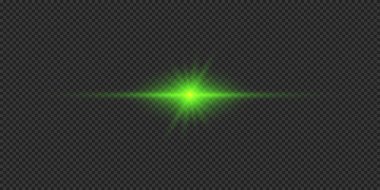Lens fişeklerinin ışık etkisi. Gri şeffaf arkaplanda parıldayan yeşil yatay ışık patlaması efekti. Vektör illüstrasyonu