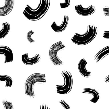Seamless pattern with black wavy grunge brush strokes in abstract shapes on white background. Vector illustration